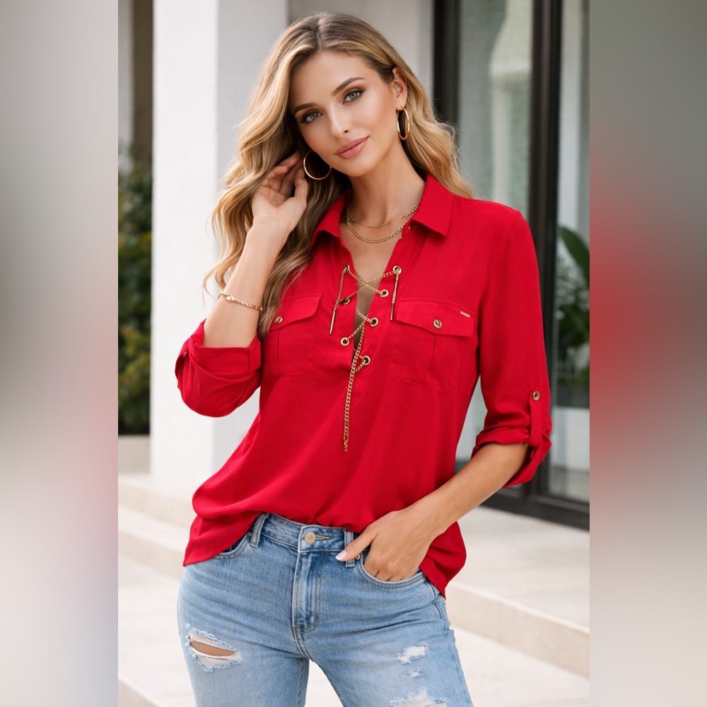 BEBE Red Lace-Up Top 💋 | Blusa Roja Sexy